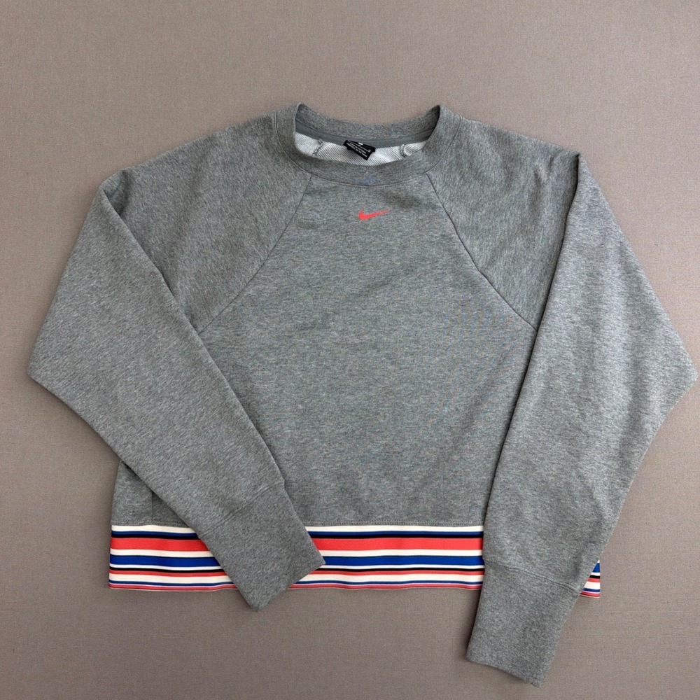Nike Pro Dri-FIT Womens Medium Grey Raglan Sweatshirt Striped Hem‎ Pullover